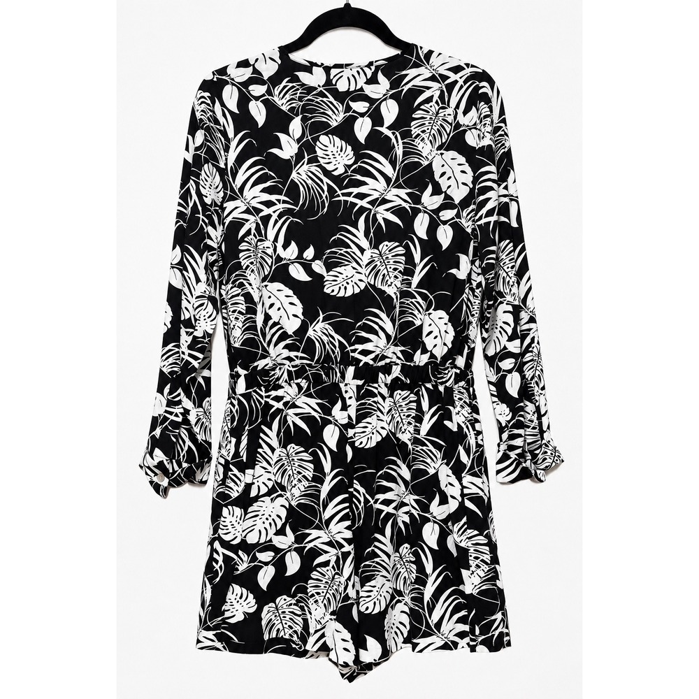 Vince Camuto Womens Black White Tropical Monstera Leaf Long Sleeve Romper S